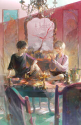 2boys :d absurdres arknights arm_on_knee bandaged_arm bandages bandaid bandaid_on_face bandaid_on_hand black_footwear black_hair black_shirt black_shorts bottle bowl broken_mirror candle candlestand chair chandelier collared_shirt commentary cup daylightallure death_(entity) faust_(arknights) gem green_eyes grey_hair hands_up highres holding holding_sword holding_weapon indian_style indoors knee_up knight loafers long_sleeves looking_at_another male_focus mephisto_(arknights) mirror multiple_boys on_table open_mouth painting_(object) pearl_(gemstone) plant pointy_ears potted_plant shirt shoes short_hair shorts sitting skull smile socks suspenders sword table teacup teapot torn_clothes torn_shirt weapon white_shirt white_socks wide_shot