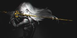 Rule 34 | 1girl, black background, character request, clair obscur: expedition 33, gloves, holding, holding sword, holding weapon, ingma, long hair, long sleeves, rapier, simple background, solo, spot color, sword, weapon, white hair