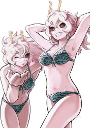 1girl absurdres armpits arms_up ashido_mina bare_shoulders bikini black_sclera blue_bikini boku_no_hero_academia breasts cleavage colored_sclera colored_skin commentary heart highres hiro_illust11 horns large_breasts looking_at_viewer navel one_eye_closed open_mouth pink_hair pink_skin print_bikini purple_bikini short_hair simple_background smile solo stomach swimsuit teeth yellow_eyes
