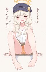 1girl adversarial_noise aoba_(blue_archive) barefoot blonde_hair blue_archive blue_hat bow_camisole camisole closed_eyes collarbone flat_chest grey_skirt halo hat highres knees_up long_hair low_twintails miniskirt nenosame newsboy_cap open_mouth orange_panties panties peaked_cap polka_dot polka_dot_panties sitting skirt solo toes translation_request twintails underwear white_camisole yellow_halo