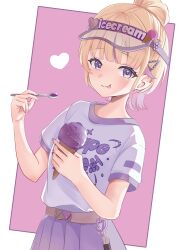1girl :p absurdres belt blonde_hair blush food hair_bun hair_ornament heart highres holding holding_food holding_ice_cream holding_spoon hololive hololive_dev_is holonatsu_paradise ice_cream ice_cream_cone looking_at_viewer pleated_skirt purple_eyes purple_hair purple_skirt sawari_66 shirt short_hair short_sleeves skirt smile solo spoon t-shirt todoroki_hajime_(holonatsu_paradise) tongue tongue_out virtual_youtuber visor_cap