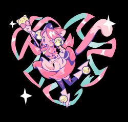 Rule 34 | 1girl, :3, animal ears, apron, arm above head, arm up, bell, black background, blush, cat ears, cat girl, cat nose, cat tail, colored lineart, colored skin, commentary, gloves, gogeyama, hair bell, hair ornament, heart, heart necklace, heart pendant, highres, holding, holding staff, jewelry, jingle bell, leg up, mad mew mew, mage staff, magical girl, necklace, one eye closed, open mouth, pink shirt, pink shoes, pink skin, pink tail, ribbon, shirt, shoes, simple background, solo, solo focus, sparkle, staff, tail, twintails, undertale, utdr (toby fox), waist apron