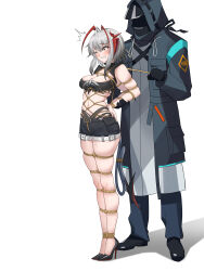 1boy 1girl absurdres antenna_hair arknights arms_behind_back bdsm black_gloves bound bound_arms bound_legs bound_tail breasts demon_girl demon_horns demon_tail doctor_(arknights) full_body gloves grey_hair high_heels highres horns medium_breasts red_eyes second-party_source shibari shibari_over_clothes shinebell shorts standing tail tying w_(arknights) white_background wis&#039;adel_(arknights)