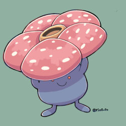 arm_up closed_mouth commentary_request full_body gen_1_pokemon green_background highres looking_at_viewer nintendo no_humans pokemon pokemon_(creature) red_eyes rio_(rio0v0o) simple_background solo twitter_username vileplume