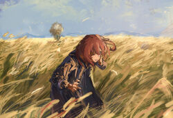 1girl absurdres bad_id bad_pixiv_id black_coat bocchi_the_rock! coat field green_eyes highres kakuriyo_rei kita_ikuyo outdoors red_hair solo solo_focus tree wind