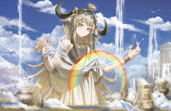 1girl absurdres animal_ears arknights bare_shoulders black_dress black_horns blue_sky bracelet building chinese_commentary closed_mouth cloud commentary curled_horns dress english_commentary flower flower_on_head gold gold_bracelet green_eyes grey_hair heaven highres holding horns hydrokinesis jewelry long_hair magic mixed-language_commentary official_alternate_costume pallas_(a_drip_of_orea_and_potamous)_(arknights) pallas_(arknights) parthenon rainbow ruins shale sidelocks sky smile solo tokkuri very_long_hair water water_drop white_dress yellow_flower