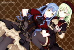 Rule 34 | 2girls, absurdres, animage, artist request, ascot, bang dream!, bang dream! it&#039;s mygo!!!!!, beret, black ascot, black capelet, black corset, black gloves, black pantyhose, black ribbon, black skirt, black socks, blue brooch, blue hair, breasts, brown ascot, brown background, capelet, closed mouth, collared shirt, copyright name, copyright notice, corset, earrings, expressionless, gloves, green brooch, green hair, grey gloves, hair ribbon, hand on another&#039;s head, hand on own stomach, hat, highres, holding hands, jewelry, layered skirt, long hair, long sleeves, looking at viewer, lying, magazine scan, medium breasts, mortis (bang dream!), mortis (costume) (bang dream!), multiple girls, no mask, oblivionis (bang dream!), official alternate costume, official art, on back, overskirt, pantyhose, pantyhose under shorts, patterned background, pleated skirt, puffy short sleeves, puffy sleeves, red shirt, red shorts, ribbon, scan, see-through clothes, see-through gloves, see-through sleeves, shirt, short sleeves, shorts, shorts under skirt, sidelocks, skirt, socks, togawa sakiko, two side up, wakaba mutsumi, wavy hair, white ascot, yellow eyes