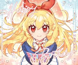 1girl aikatsu! aikatsu!_(series) birthday blonde_hair blue_shirt bow bow_hairband card character_name copyright_notice floating_hair from_above hair_bow hairband happy_birthday holding holding_card hoshimiya_ichigo kaji_sayaka_(chouchou387) light_smile long_hair long_sleeves looking_at_viewer pleated_skirt red_bow red_eyes red_hairband red_ribbon ribbon school_uniform shirt skirt solo starlight_academy_school_uniform straight-on white_shirt