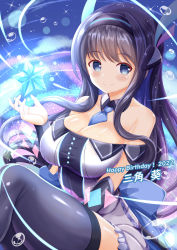 1girl 2022 bare_shoulders between_breasts black_hair black_hairband black_sleeves blue_eyes blue_necktie blush breasts cleavage closed_mouth collar commentary_request detached_collar detached_sleeves dress feet_out_of_frame frilled_dress frills glowing hairband hand_up happy_birthday highres knee_up large_breasts long_hair long_sleeves looking_at_viewer misumi_aoi necktie necktie_between_breasts off-shoulder_dress off_shoulder ongeki smile solo star_(symbol) thighhighs translation_request very_long_hair white_collar white_dress wing_collar xenon_(for_achieve)
