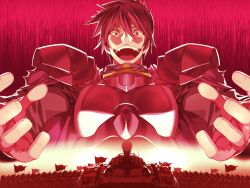 1boy armor breastplate brown_hair cape curled_fingers flag game_cg laughing male_focus military_vehicle motor_vehicle onono_imoko open_mouth outstretched_arms pauldrons rance rance_(series) rance_03 red_eyes sharp_teeth short_hair shoulder_armor soldier solo_focus tank teeth