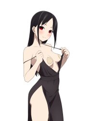 1girl absurdres black_dress black_hair breasts closed_mouth clothes_pull coro_fae dress dress_pull hair_down highres kaguya-sama_wa_kokurasetai_~tensai-tachi_no_renai_zunousen~ looking_at_viewer pasties red_eyes shinomiya_kaguya side_slit simple_background small_breasts smile solo white_background