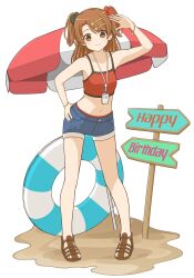 1girl absurdres beach_umbrella blue_shorts bracelet brown_eyes brown_hair crop_top full_body gladiator_sandals hand_on_own_hip highres innertube jewelry karen_(sister_princess) looking_at_viewer midriff navel red_tank_top sandals short_shorts short_twintails shorts sister_princess_virtual_youtuber_project smile solo standing swim_ring tank_top twintails umbrella yuka_(akira05071991)