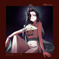 1girl absurdres arm_on_knee arm_support armlet artist_name bare_arms black_background black_hair border bracelet buernia closed_mouth cowboy_shot dated dress hair_bun hair_ornament hair_over_one_eye highres jade_(gemstone) jewelry knee_up long_dress looking_at_viewer lotus_hair_ornament midriff necklace official_alternate_costume one_eye_covered outside_border purple_eyes red_border reverse:1999 short_hair signature sitting sleeveless sleeveless_dress smile snake_hair_ornament solo tuesday_(reverse:1999) tuesday_(story_of_the_jade_vase)_(reverse:1999) twitter_username veil white_dress white_veil