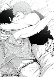 Rule 34 | 2boys, arm around waist, arms around neck, bare shoulders, basukemnmn, bed, closed eyes, clothes lift, commentary, covered mouth, cowboy shot, cuddling, dated, greyscale, male focus, midriff, monochrome, multiple boys, pants, pillow, rukawa kaede, sakuragi hanamichi, shirt, shirt lift, short hair, sideburns, slam dunk (series), sleeping, sleeveless, sleeveless shirt, symbol-only commentary, yaoi