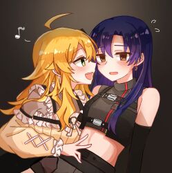 2girls ahoge blonde_hair blue_hair blush brown_eyes chiwawa174 earrings eighth_note flying_sweatdrops green_eyes highres hoshii_miki idolmaster idolmaster_(classic) jewelry kisaragi_chihaya long_hair long_sleeves looking_at_another midriff multiple_girls musical_note open_mouth sleeveless spoken_musical_note yuri