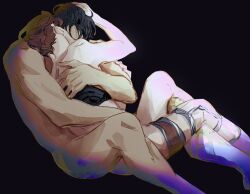 2boys arcane:_league_of_legends arcane_jayce arm_up back_brace black_background brown_hair commentary completely_nude couple entangled feet_out_of_frame hand_on_another&#039;s_arm hand_on_another&#039;s_head hashtag-only_commentary head_on_another&#039;s_shoulder highres hug jayce_(league_of_legends) league_of_legends leg_brace male_focus mintothesoul multiple_boys nude simple_background viktor_(arcane) viktor_(league_of_legends) yaoi