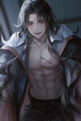 1boy :d abs absurdres bare_pectorals bishounen black_hair black_hanfu black_pants blurry blush chinese_clothes coat collarbone cowboy_shot curly_hair facial_mark fangs forehead_mark hanfu highres light_particles long_hair long_sleeves looking_at_viewer luo_binghe male_focus muscular muscular_male navel night off_shoulder open_clothes open_coat open_mouth open_robe pants parted_bangs pectorals pov red_eyes renzha_fanpai_zijiu_xitong robe scar scar_on_chest smile solo stomach very_long_hair white_coat young57440489