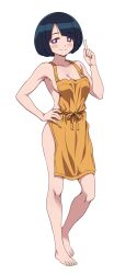 1girl apron bare_shoulders black_hair blue_eyes blush breasts cleavage closed_mouth commentary droopy_ears gundam gundam_gquuuuuux highres looking_at_viewer medium_breasts medium_hair naked_apron no_bra no_panties ponzu_rui shiiko_sugai simple_background smile solo sweat thighs white_background yellow_apron