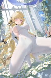 1girl absurdres alternate_costume bird black_bow blonde_hair blush bodysuit bow breasts check_clothing closed_mouth clothing_request commentary_request covered_navel hair_bow hair_ornament haku89 highres holding holding_behind_back holding_staff indoors large_breasts long_hair looking_at_viewer nimbus_wraith_(wuthering_waves) no_panties no_shoes paid_reward_available phoebe_(wuthering_waves) purple_eyes pussy solo spread_legs squatting staff tacet_discord_(wuthering_waves) tacet_mark_(wuthering_waves) very_long_hair white_bird white_bodysuit wuthering_waves x_hair_ornament