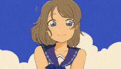 1girl arms_at_sides blue_background blue_neckerchief blue_sailor_collar blush brown_hair closed_mouth cloud cloudy_sky dot_nose grey_hair happy highres looking_at_viewer love_live! love_live!_sunshine!! neckerchief necktie otukaresunshine sailor_collar short_hair short_sleeves simple_background sky sleeveless smile solo upper_body watanabe_you wavy_hair white_background