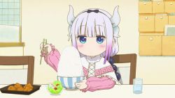 10s 1girl animated animated_gif eating food hair_ornament horns indoors kanna_kamui karaage kobayashi-san_chi_no_maidragon light_purple_hair lowres multicolored_hair rice salad screencap