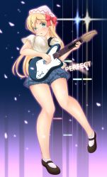 1girl :o alternate_costume bare_legs bemani blonde_hair blush bobby_socks bouncing_breasts breasts cleavage female_focus full_body gitadora gradient_background green_eyes guitar_hero guitarfreaks hair_ribbon hat highres large_breasts lily_white long_hair looking_at_viewer mary_janes no_wings petals ribbon shoes shorts socks solo standing standing_on_one_leg touhou utahane