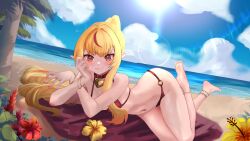 Rule 34 | 1girl, beach, bikini, blonde hair, breasts, chromashift, collar, elf, estebaneishon1, female focus, hag, long hair, multicolored hair, necromancer, ocean, pointy ears, red eyes, red hair, ruby runeheart, small breasts, solo, solo focus, swimsuit, two-tone hair, virtual youtuber, vtuber fanart, witch