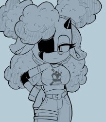 1girl annoyed anonymarss bell breasts cowbell cowboy_shot crop_top eyepatch fingerless_gloves furry furry_female gloves hair_ribbon highres horns lanolin_the_sheep midriff_peek pants ribbon sheep_horns sketch skull_and_crossbones sonic_(series) sonic_the_hedgehog_(idw)