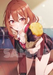 1girl black_skirt black_sweater_vest blurry blurry_background blush breasts brown_eyes brown_hair collared_shirt commentary_request crossed_bangs depth_of_field diagonal-striped_clothes diagonal-striped_necktie double-parted_bangs food hair_between_eyes headphones headphones_around_neck highres holding holding_food incoming_food indoors jacket kneeling kohinata_iroha_(imouuzai) large_breasts leaning_forward long_sleeves looking_at_viewer loose_necktie medium_hair miniskirt necktie official_art open_clothes open_jacket plaid_clothes plaid_skirt red_jacket red_necktie roasted_sweet_potato sample_watermark school_uniform shirt skirt smile solo striped_clothes sweater_vest sweet_potato tomari_(veryberry00) tomodachi_no_imouto_ga_ore_ni_dake_uzai translation_request watermark white_shirt wing_collar