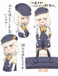 Rule 34 | 1girl, absurdres, aoba (blue archive), armband, bag, black hat, blonde hair, blue archive, bow, brown gloves, commentary request, facing viewer, gloves, halo, hat, highres, holding, holding bag, jacket, long hair, long sleeves, looking at viewer, looking to the side, low twintails, multiple views, nanukotu, newsboy cap, open mouth, puff of air, red eyes, sidelocks, simple background, standing, translation request, twintails, white background, yellow armband, yellow bow, yellow halo