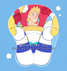 Rule 34 | 1boy, absurdres, ass, ass mousepad, bara, blonde hair, blue eyes, blush, boku no hero academia, crotch mousepad, feraltintinsimp, highres, large pectorals, looking at viewer, male focus, mousepad (medium), muscular, muscular male, pants, pectorals, presenting, short hair, smile, solo, spiked hair, spread legs, star (symbol), star symbol background, togata mirio