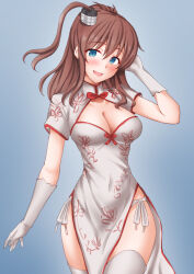 Rule 34 | 1girl, alternate costume, anti (untea9), blue background, blue eyes, breasts, brown hair, china dress, chinese clothes, cleavage cutout, clothing cutout, commentary request, dress, gloves, highres, kantai collection, large breasts, long hair, looking at viewer, panties, saratoga (kancolle), side-tie panties, side ponytail, smokestack hair ornament, solo, thighhighs, underwear, white gloves, white thighhighs