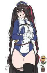 Rule 34 | 1girl, :d, anshinin misa, belt, black hair, black thighhighs, blue hat, blue leotard, braid, breasts, brown belt, cowboy shot, cross, dated, fang, fishnet thighhighs, fishnets, flower, frilled sleeves, frills, gloves, groin, hair between eyes, hat, highres, houtengeki, interlocked fingers, leotard, long hair, long sleeves, looking at viewer, medium breasts, mole, mole under eye, multicolored hair, open mouth, own hands clasped, own hands together, plant, potted plant, red eyes, red hair, simple background, skin fang, smile, solo, standing, streaked hair, sunflower, sunglasses, thighhighs, twintails, vee (vtuber), very long hair, virtual youtuber, white background, white gloves