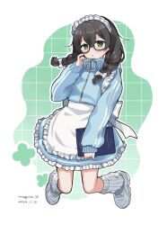 1girl :o apron binchou_maguro black-framed_eyewear black_hair blue_jacket blue_skirt blush braid cevio clipboard commentary_request dated frilled_apron frilled_skirt frills full_body glasses green_background grid_background hanakuma_chifuyu hand_up holding holding_clipboard jacket jersey_maid kneehighs long_hair long_sleeves looking_at_viewer maid open_mouth outline shoes signature skirt socks solo synthesizer_v track_jacket twin_braids unconventional_maid white_apron white_background white_outline white_shoes white_socks zipper