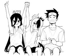 Rule 34 | 1boy, 2girls, arms up, asahina yoshitoshi, blue archive, closed eyes, controller, game controller, greyscale, hair between eyes, halo, holding, holding another&#039;s wrist, holding controller, holding game controller, horns, kayoko (blue archive), kei (blue archive), long hair, monochrome, multiple girls, open mouth, playing games, rectangular halo, sensei (blue archive), shirt, short sleeves, shorts, single wing, sitting, smile, very long hair, wings