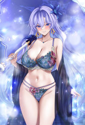 1girl absurdres bare_legs bare_shoulders black_robe blue_bra blue_eyes blue_flower blue_panties blush bra breasts cantarella_(wuthering_waves) chinese_commentary cleavage clothes_down collarbone commentary_request cowboy_shot earrings facial_mark fingernails flower full_body groin hair_between_eyes hair_flower hair_ornament highres holding holding_umbrella huge_breasts jewelry legs long_hair looking_at_viewer m_(1n910) mark_under_eye mole mole_under_eye nail_polish navel necklace panties parasol parted_lips purple_hair purple_nails purple_umbrella robe simple_background smile solo stomach thigh_gap thighs umbrella underwear very_long_hair white_background wuthering_waves