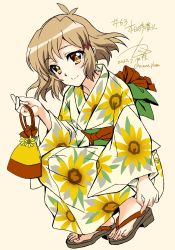 1girl 2022 bag blonde_hair blush dated floral_print hair_ornament hairclip highres japanese_clothes kanna_(plum) kimono kinchaku looking_at_viewer numbered orange_eyes painttool_sai_(medium) pouch sandals sash senki_zesshou_symphogear shiny_skin short_hair simple_background smile solo squatting tachibana_hibiki_(symphogear) twitter_username yukata
