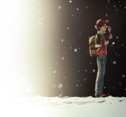 1boy absurdres backpack bag black_shirt commentary from_side hand_on_headwear hat highres holding holding_poke_ball male_focus nintendo pants poke_ball poke_ball_(basic) pokemon pokemon_hgss red_(pokemon) red_hat red_vest shirt shiruko_(s1ruko) shoes short_hair short_sleeves snow snowing solo standing t-shirt vest wristband yellow_bag