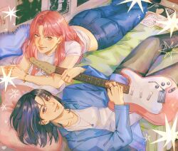 Rule 34 | 2girls, black hair, black pants, blue pants, blue shirt, bracelet, brown eyes, collared shirt, commentary, denim, ear piercing, earrings, electric guitar, english commentary, gold bracelet, guitar, highres, holding, holding guitar, holding instrument, hoop earrings, indoors, instrument, jeans, jewelry, kininatteru hito ga otoko ja nakatta, koga mitsuki, long hair, lying, magazine (object), mole, multiple girls, necklace, on back, on bed, on stomach, oosawa aya, open clothes, open shirt, pants, parted bangs, piercing, pillow, pink eyes, pink hair, poster (object), rebluna, shirt, short sleeves, smile, t-shirt, undershirt, white shirt