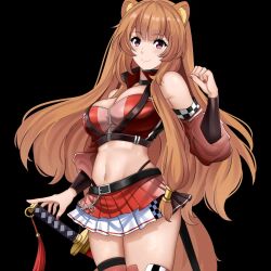 1girl alternate_costume animal_ear_fluff animal_ears artist_request bare_shoulders black_arm_warmers black_background black_choker black_jacket black_panties black_skirt blunt_bangs blush boots breasts brown_hair checkered_clothes checkered_skirt choker cleavage closed_mouth collared_jacket cowboy_shot cropped_jacket detached_sleeves hand_up highleg highleg_panties highres jacket katana large_breasts layered_skirt long_hair looking_at_viewer metal_hair_tubes miniskirt multicolored_jacket navel panties pink_jacket pink_nails pleated_skirt raccoon_ears raccoon_girl raccoon_tail race_queen raphtalia red_boots red_jacket red_skirt red_sleeves sheath sheathed simple_background skindentation skirt smile solo stomach sword tail tate_no_yuusha_no_nariagari thick_thighs thigh_boots thighs two-tone_skirt underwear weapon white_skirt