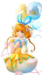 1girl absurdres animal_bag animal_balloon backless_dress backless_outfit backpack bag balloon balloon_trip_(infinity_nikki) bird blue_hairband blue_ribbon braid brown_hair bubble_skirt chinese_commentary collar commentary_request cowboy_shot detached_collar detached_sleeves dress duck duck_tail eyelashes fake_tail flower flower_balloon frilled_collar frilled_hairband frilled_sleeves frills green_eyes grin hair_flower hair_ornament hair_ribbon hairband hand_on_own_chest happy high_collar highres holding holding_balloon infinity_nikki large_ribbon light_blush lipstick long_hair loose_hair_strand low_twin_braids makeup miniskirt nikki_(series) pink_lips polka_dot pom_pom_(clothes) ribbon see-through_clothes see-through_sleeves seli_(yzjmzzr) short_dress shoulder_blades simple_background skirt skirt_under_dress sleeveless sleeveless_dress sleeves_past_wrists smile solo standing tail twin_braids white_background white_bag white_collar white_skirt white_sleeves yellow_dress yellow_flower