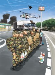 1girl aircraft airplane ak-47 akm akms amamiya_atsushi assault_rifle b-2_spirit bag balaclava beret black_hair bomber boots bottle box box_truck broom camouflage cardboard_box caterpillar_tracks character_request combat_boots contrail convenience_store day field_radio flying_wing gun hat heavy_bomber helicopter highres kalashnikov_rifle konbini_dmz konbini_dmz_plus! lineup long_hair machine_gun mask mil_mi-17 military military_combat_uniform military_uniform military_vehicle motor_vehicle over_shoulder pants parking_lot penetrator_(aircraft) pkm_machine_gun plastic_bag rabbit radio rifle road salute sao_satoru shop signpost smoke soldier standing stealth stealth_aircraft stealth_bomber strategic_bomber street sweat tank track_pants truck weapon weapon_over_shoulder