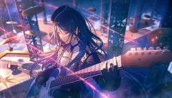 Rule 34 | 1girl, black gloves, black hair, black necktie, blurry, blurry background, colorful palette, cymbals, earrings, game cg, gloves, grey eyes, guitar, hat, highres, holding, holding guitar, holding instrument, hoshino ichika (project sekai), instrument, jewelry, michibiku yuuki yasashisa wo mune ni (project sekai), necktie, official alternate costume, official art, project sekai, shirt, solo, third-party source, white shirt