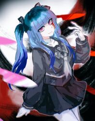 1girl amemiya_darumi black_hair black_skirt blue_hair closed_mouth female_focus hand_up last_defense_academy_school_uniform long_hair looking_at_viewer multicolored_hair pleated_skirt skirt smile solo solo_focus the_hundred_line_-last_defense_academy- twintails