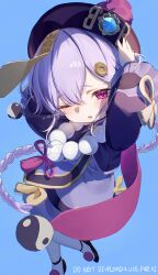 1girl absurdres bead_necklace beads blue_background blush braid coin_hair_ornament genshin_impact hair_between_eyes hair_ornament hat highres imasaki_kei jewelry jiangshi long_hair long_sleeves necklace ofuda one_eye_closed open_mouth pink_eyes purple_eyes purple_hair qingdai_guanmao qiqi_(genshin_impact) solo thighhighs yin_yang