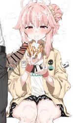 1boy 1girl absurdres ahoge bar_censor blue_archive blush bow bukkake cardigan censored collared_shirt cum cum_in_mouth cum_on_body cum_on_clothes cum_on_food cum_on_hair erection facial gokkun hair_between_eyes hair_bun hair_ornament heart hetero highres kumiyabe long_hair long_sleeves looking_at_viewer natsu_(band)_(blue_archive) natsu_(blue_archive) open_clothes oral penis pink_hair pleated_skirt red_eyes ribbon school_uniform shirt simple_background sitting skirt solo_focus wet white_background white_shirt