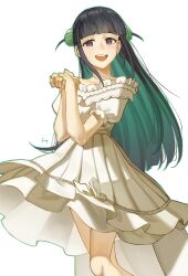1girl :d arched_bangs artist_name bare_shoulders black_hair cape chrysanthemum colored_inner_hair commentary dress feet_out_of_frame fingernails flower frilled_dress frilled_sleeves frills green_flower green_hair green_nails green_outline hair_flower hair_ornament hands_up highres light_blush ling_(chaaaaanhikari) long_hair looking_at_viewer multicolored_hair off-shoulder_dress off_shoulder official_alternate_costume open_mouth outline own_hands_together puffy_short_sleeves puffy_sleeves purple_eyes short_dress short_sleeves shoujo_kageki_revue_starlight sidelocks simple_background smile solo teeth tsuyuzaki_mahiru two-tone_hair two_side_up upper_teeth_only waist_cape white_background white_cape white_dress