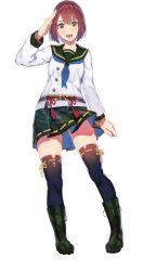 1girl :d black_thighhighs blue_neckerchief boots brown_hair full_body green_boots green_sailor_collar green_skirt hair_between_eyes highres miniskirt neckerchief official_art onsen_musume open_mouth pleated_skirt sailor_collar shirt simple_background skirt smile solo standing sukayu_sayuki tassel teeth thighhighs tongue transparent_background upper_teeth_only white_shirt yasumo_(kuusouorbital) yellow_eyes