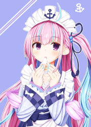 1girl absurdres anchor_symbol apron blue_kimono blush bow colored_inner_hair dumpling food frilled_apron frilled_kimono frills highres hololive japanese_clothes kimono kimono_dress long_hair long_sleeves looking_to_the_side maid_headdress minato_aqua minato_aqua_(new_year) multicolored_hair nanyami_0514 official_alternate_costume open_mouth purple_background purple_eyes solo two-tone_hair virtual_youtuber