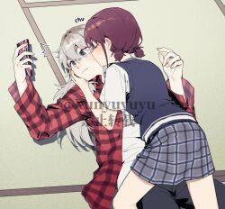 2girls black_pants blue_sweater_vest blush cellphone chinese_commentary closed_eyes closed_mouth commentary_request girls_band_cry grey_eyes grey_hair grey_skirt hand_on_another&#039;s_face holding holding_phone iseri_nina kawaragi_momoka kiss kissing_cheek long_hair long_sleeves multicolored_hair multiple_girls on_ground open_clothes open_shirt pants phone plaid_clothes plaid_shirt plaid_skirt red_hair red_shirt roots_(hair) shirt short_sleeves short_twintails skirt smartphone sweater_vest tatami twintails watermark white_shirt xunyu_(manyu) yuri